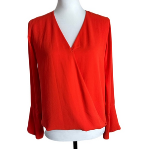 Veronica M Red Faux Wrap Draped Surplice Long Sleeve Top Sz XS